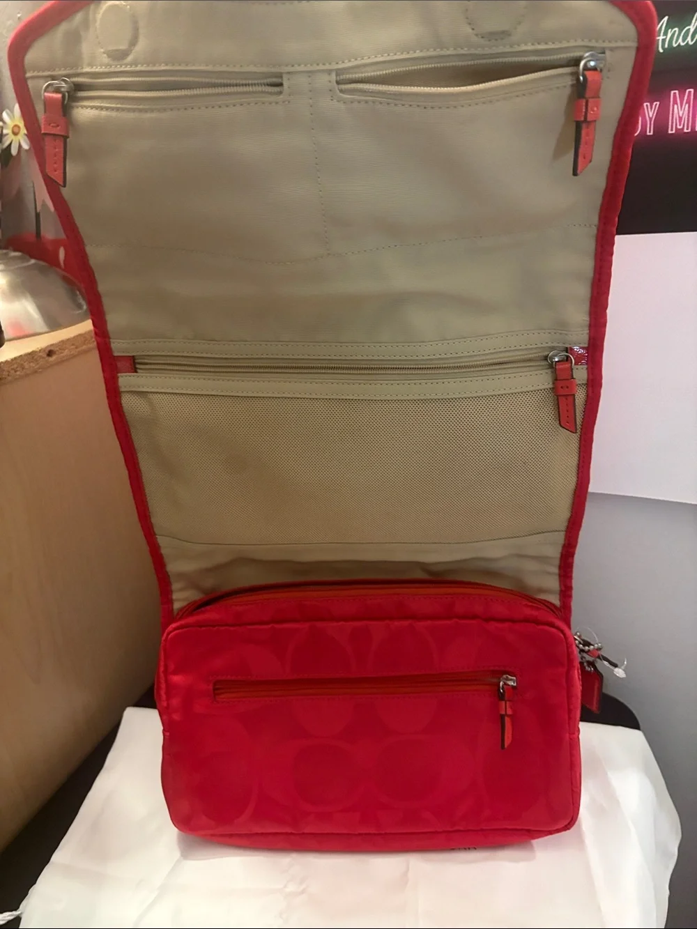 Coach Red Signature Nylon Foldover Cosmetic Case with Hook